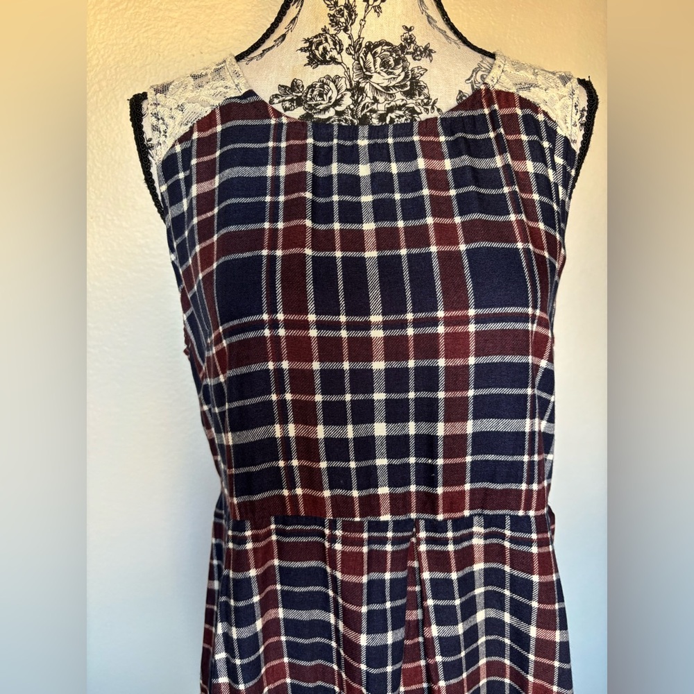 Xhilaration Navy Plaid Midi Dress with Pink Floral Design - Picture 4 of 14